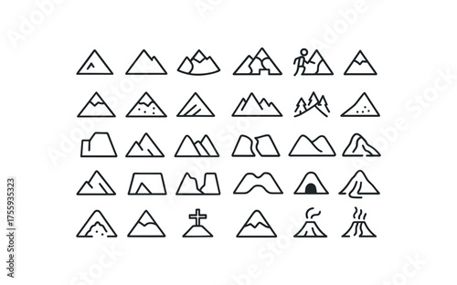 vector outline icons. outline stroke user interface icons style on clean white background Nature (mountains) peak on peak off pass open pass closed climb active climb inactive snowy peak