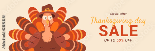 Thanksgiving Day sale web banner template. Give thanks promo offer. Seasonal discount up to 50 off. Fall season shopping background. Cartoon funny turkey