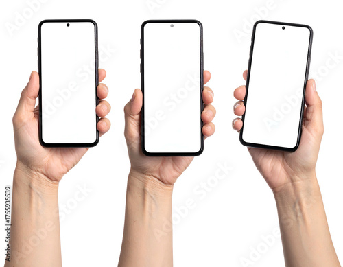 Three smartphones with blank white screens held by hands against a dark background