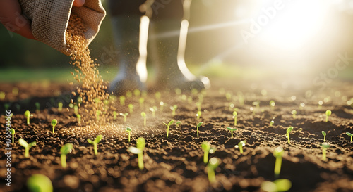 Farmer planting seeds in fertile soil with warm sunlight isolated on transparent background