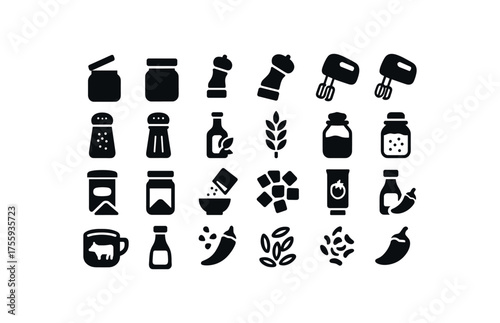 vector solid black filled icons Food (ingredients) jar open jar closed mill on mill off mixer active mixer inactive sea salt black pepper olive oil white vinegar wheat flour brown sugar