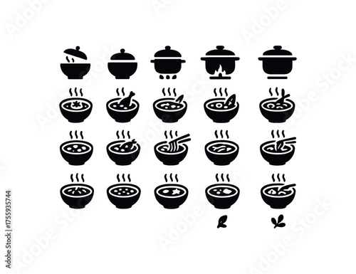 vector solid black filled icons Dishes (soups) lid open lid closed burner on burner off simmer active simmer inactive tomato soup chicken soup miso soup corn chowder beef stew fish stew pea