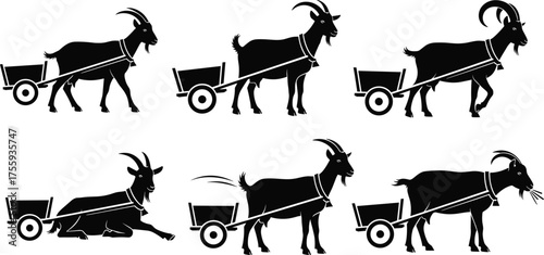 Goat cart silhouette illustration, farm animal pulling cart, livestock behavior vector, funny goat actions, agriculture concept, stubborn goat resistance, humor