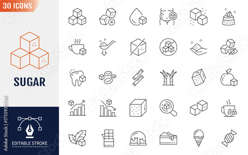 Sugar line Editable Icons set. Containing icons. glucose, stevia, sweets, and more. Vector illustration