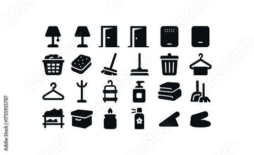 vector solid black filled icons Products (household) lamp on lamp off door open door closed purifier active purifier inactive laundry basket dish sponge floor mop window squeegee trash bin