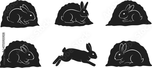 Silhouette rabbits in burrows and leaping outside, wildlife illustration, animal behavior, nature concept, black shadow art, underground habitat design