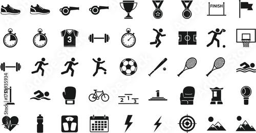 Collection of sports and fitness icons representing various athletic activities and equipment isolated on transparent background