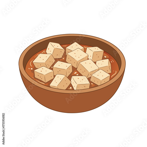 Vector illustration of cubed tofu served in a wooden bowl, plant-based protein food, isolated on pure white background.