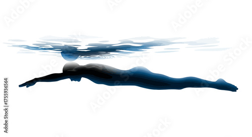 Dynamic swimmer glides underwater, powerful strokes creating ripples under serene water surface, conveying focus and athletic grace