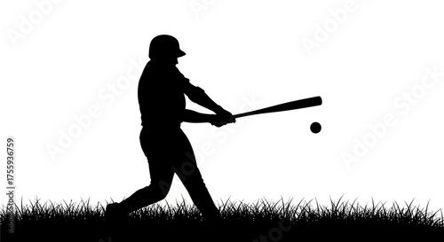 Dynamic baseball player swings bat at incoming ball, captured in a powerful silhouette against a bright sky with grassy foreground