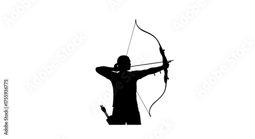 Determined archer silhouetted aiming bow and arrow with intense focus, ready to strike with precision and strength.