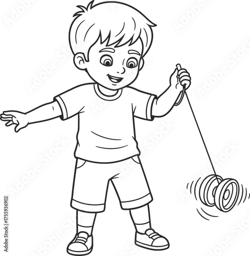 Young boy happily playing with a yo-yo line art cartoon coloring page illustration