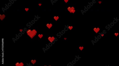 Flying pixel hearts on black background. Valentine's day backdrop. 2d animation. 4k stock footage