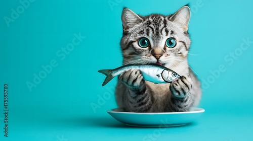 Adorable cat holding fish with captivating blue background