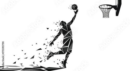 Dynamic basketball player soaring for a slam dunk, captured in a striking abstract geometric style with fragments exploding outwards