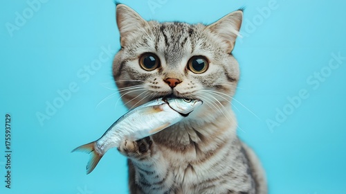 Cat with Fish Against Blue Background in Playful Setting
