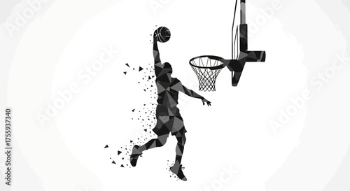 Dynamic basketball player executing a powerful slam dunk with explosive geometric fragmentation and a clean hoop backdrop