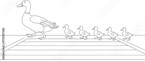 Mother Duck Leading Ducklings in a Line on a Dock Simple Outline Vector Illustration