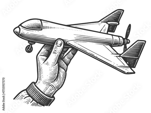 hand holding a toy propeller airplane sketch engraving generative ai fictional character vector illustration. Scratch board imitation. Black and white image.