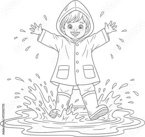 Coloring page of a smiling boy splashing water in rain boots and raincoat