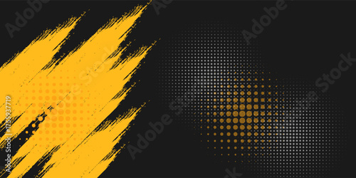 Black and yellow abstract background with brushstroke and halftone style.