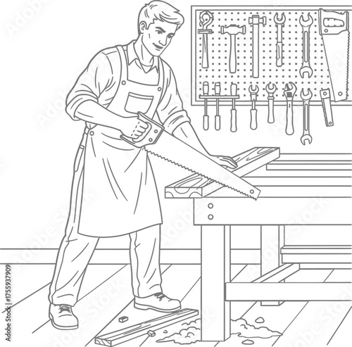 Woodworker professional sawing a wooden plank on a workbench in a workshop with tools line art