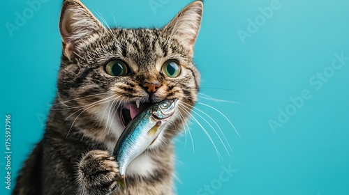 Cute Cat Holding Fish Against a Bright Blue Background