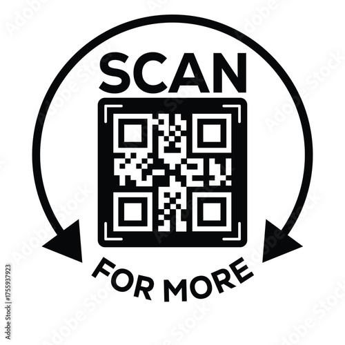 Black and white vector icon featuring a QR code inside a stylized frame, enclosed by a circular arrow and the text "SCAN FOR MORE." This graphic symbolizes digital access, linking, or quick informatio