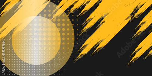 Black and yellow abstract background with brushstroke and halftone style.