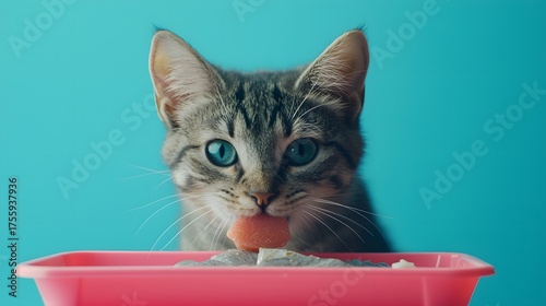 Playful cat with vibrant blue eyes enjoying a snack on a colorful background