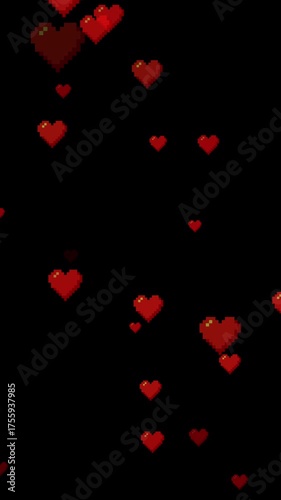 Flying pixel hearts on black background. Valentine's day vertical backdrop. 2d animation. 4k stock footage