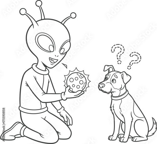 Friendly Alien Showing Mysterious Ball to Confused Dog Line Art