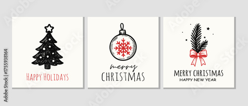 Elegant hand-drawn Christmas design with holiday lettering “Merry Christmas and Happy New Year.” Perfect for winter greeting cards, posters, digital prints, and festive decorations.