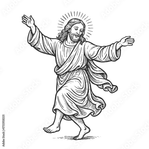 Jesus Christ joyfully dancing sketch engraving generative ai fictional character vector illustration. Scratch board imitation. Black and white image.