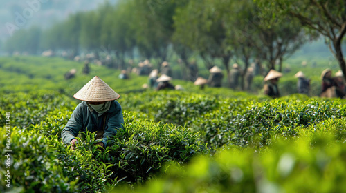 Crowd of tea farmer picking tea leaf on plantation, Vietnamese farmer working on sunny day