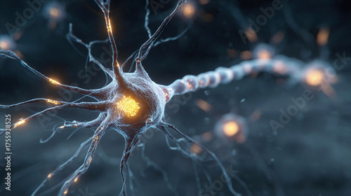 Synapse with neuron terminals and luminous electrical impulses