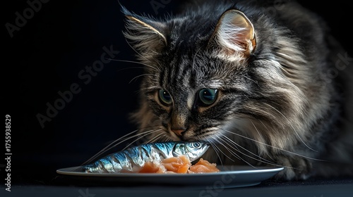 Cat Curiously Approaching Plate of Fish in Low Light Setting