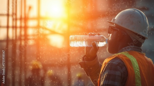 Construction Worker Drinking Water Under Hot Sun — Busy Building Site