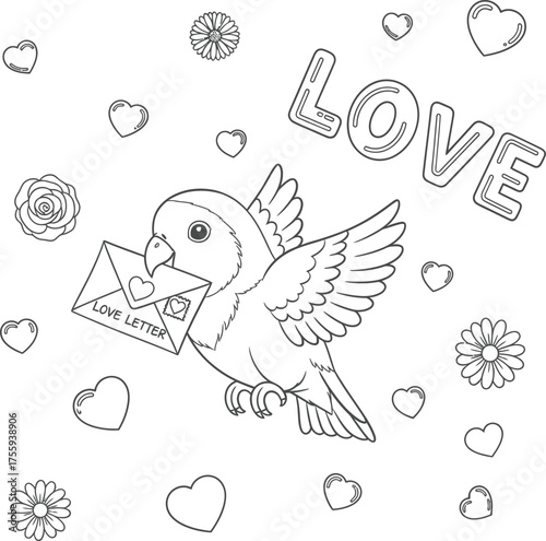 Flying cartoon bird delivering love letter outline graphic with hearts and flowers perfect for coloring book or Valentines Day design