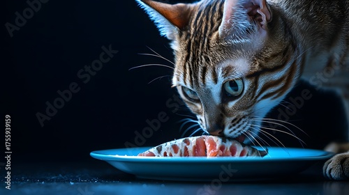 Cat Enjoying Meal on a Plate in Dark Blue Setting With Focused Look