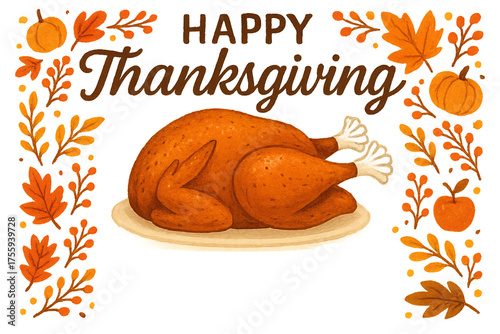 Turkey with “Happy Thanksgiving” text. Thanksgiving. Tradition. Food.