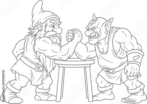 Dwarf or Gnome and Troll or Goblin Arm Wrestling Competition Line Art Coloring Page