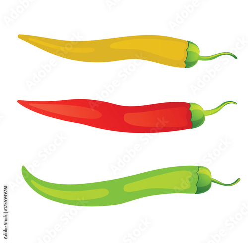 Cute cartoon hand drawn vector Red, green, and yellow hot chili pepper clipart.