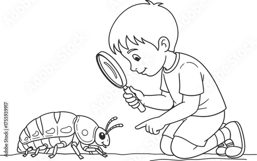 Curious Boy with Magnifying Glass Observing Pill Bug Coloring Page Line Art Vector Illustration