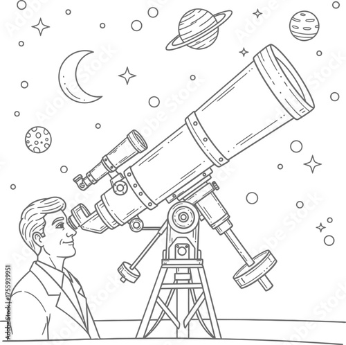 Astronomer Observing Night Sky Through Large Telescope Hand Drawn Vector Outline Illustration Space Exploration Science Study Coloring Page Art