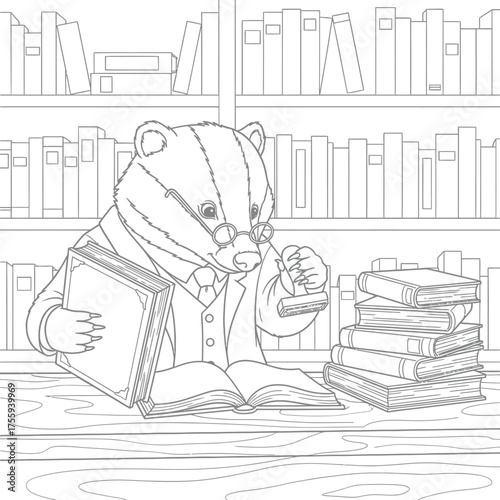 Academic Badger Librarian Coloring Page Vector Illustration, Smart Animal Character with Glasses Stamping Books in Library