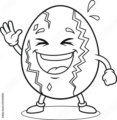 Funny Cracked Egg Cartoon Character Laughing and Waving Line Art Illustration