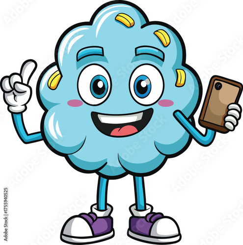 Cartoon Brain Cloud Holding Smartphone – Smart Tech Character
