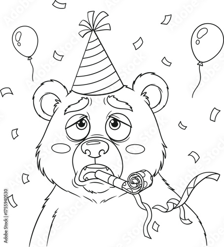Unhappy cartoon bear with party hat and blower outline drawing for coloring book or mascot design vector illustration