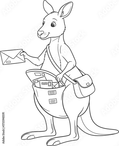 Cute cartoon kangaroo postman holding a letter coloring page outline vector illustration